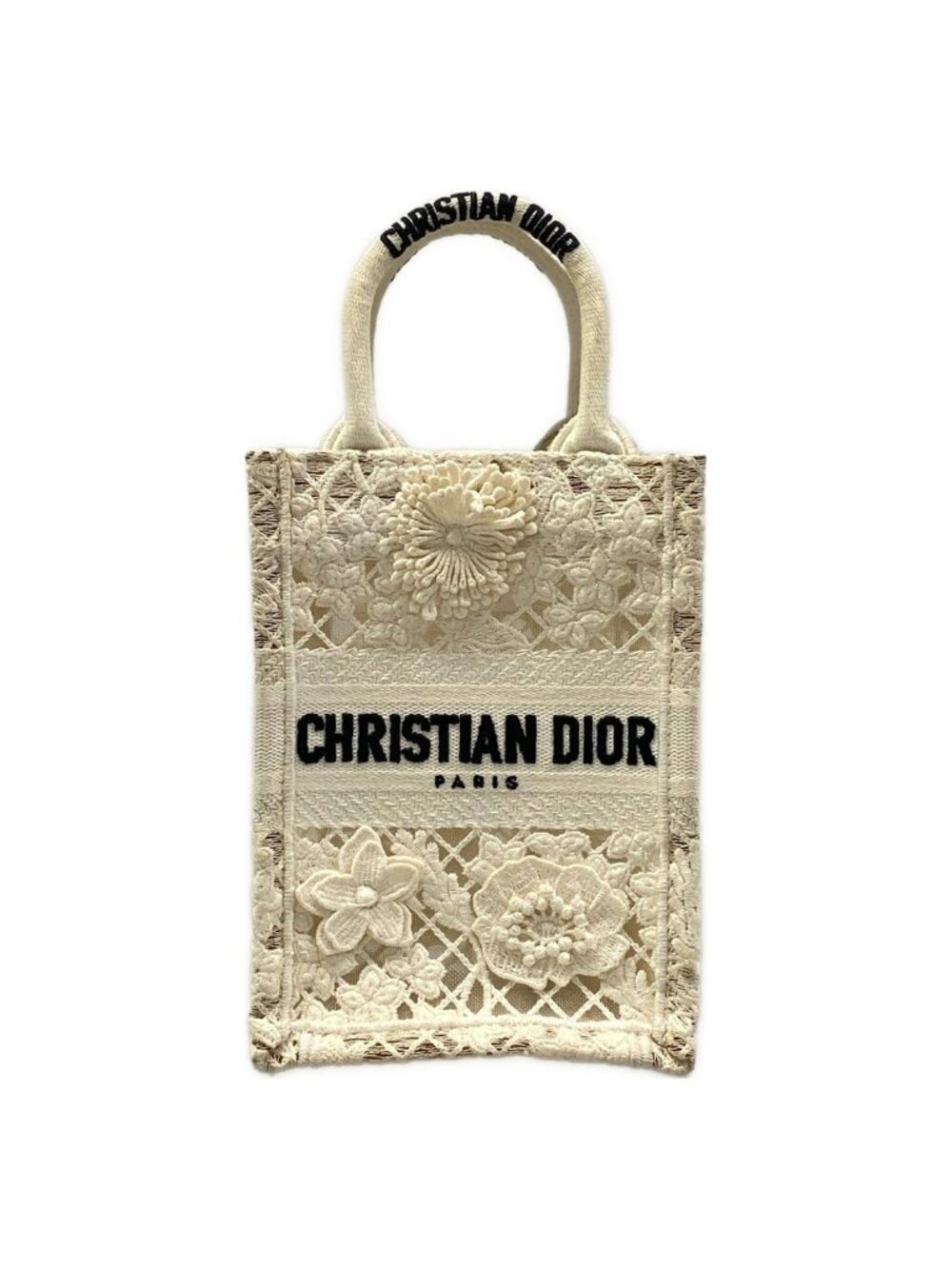 Dior Tote Bag Book Mini Phone White Lace Cotton Leather